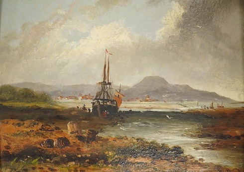 William Perry (29th. C), oil on millboard, Estuary scene with ship, signed, 14 x 19cm, gilt framed. Condition - fair to good, general craquelure